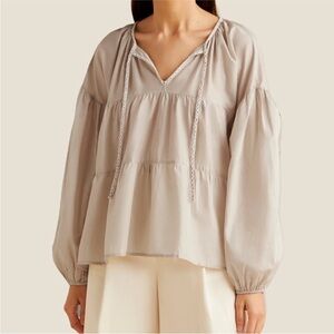 Merlette Tholen Cotton Voile Tiered Embroidered Blouse in Dove Grey
